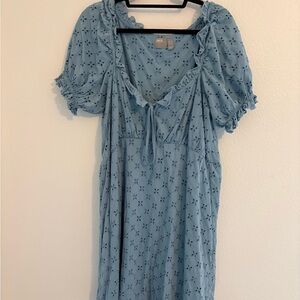 ASOS Blue Eyelet Mini Dress US 12 Puff Sleeve Milkmaid Cottagecore